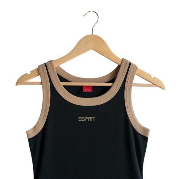 Esprit Ribbed Black & Tan Sleeveless Tank Dress Small Y2K Logo - Picture 3 of 13